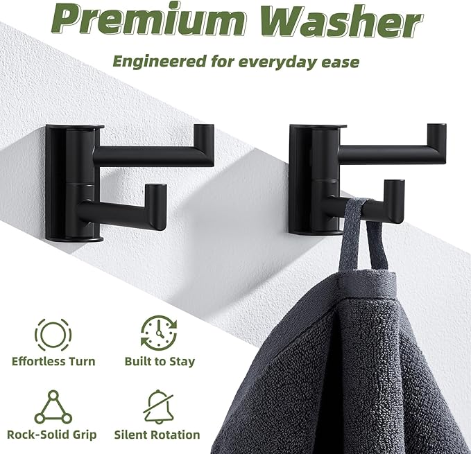 APLusee Swivel Towel Hook Matte Black 2 Pack, 304 Stainless Steel Towel Holder Bathroom Robe Hook, Folding Wall Hook Wall Mounted