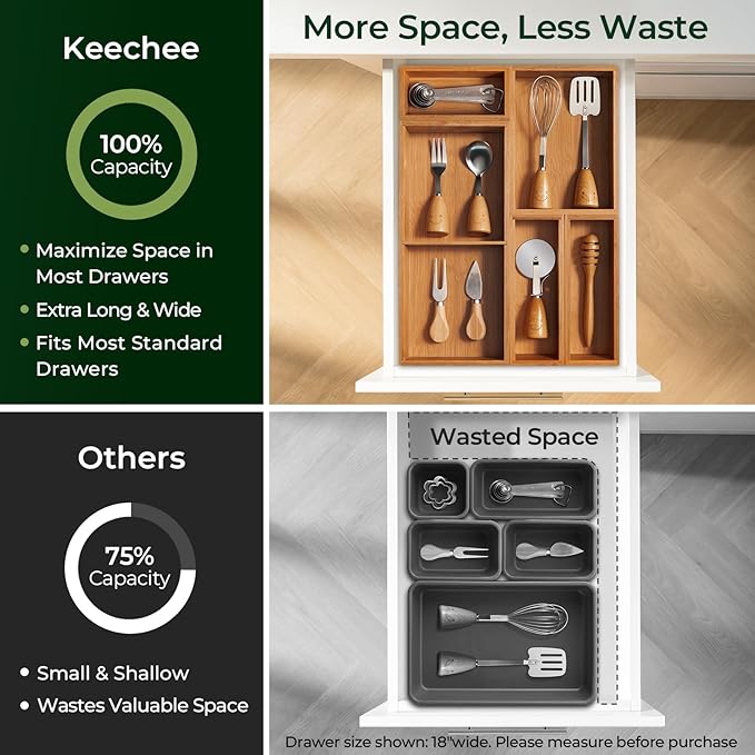 keechee Carbonized Bamboo Kitchen Drawer Organizer (Bundle: 5pc Organizers Set)