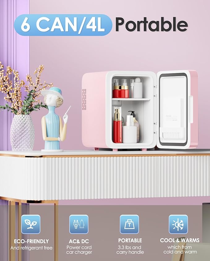 CUTIEWORLD Skincare Fridge with Dimmable LED Light Mirror, 4L Mini Fridge For Desktop, Travel or Cool & Heat, Makeup Fridge for Cosmetics, Skin Care and Food, Pink