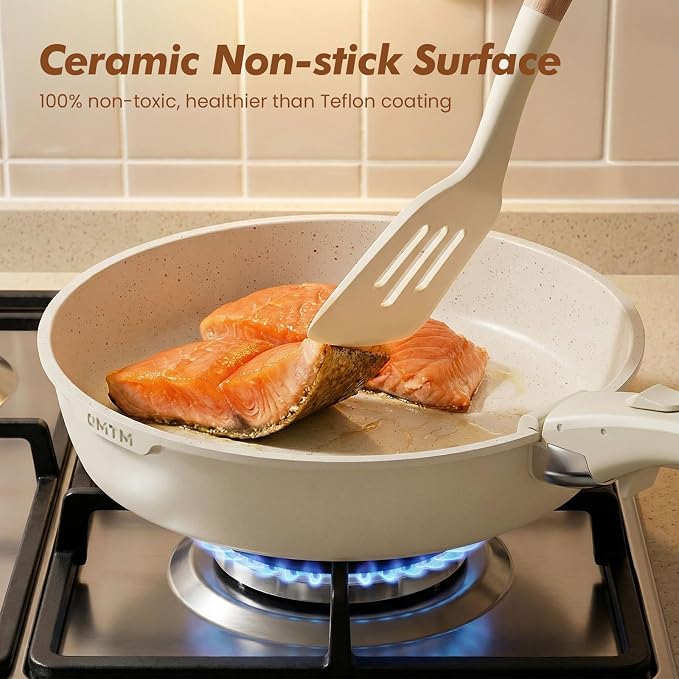 OMTM 19pcs Ceramic Non Stick Pots and Pans Set with Detachable Handle, Space-Saving Nestable Cookware Set for Small Kitchen, RVs, Wedding House Warming Gifts, Eco-Friendly Non-Toxic (PFOS, PFOA Free)