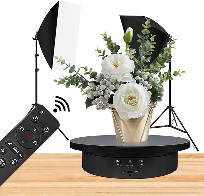 Remote Motorized Rotating Display Stand Turntable Motorized Lazy Susan with 5.74/7.08/8.66 inch Replacement Cover for Photography Products and Shows (Black)