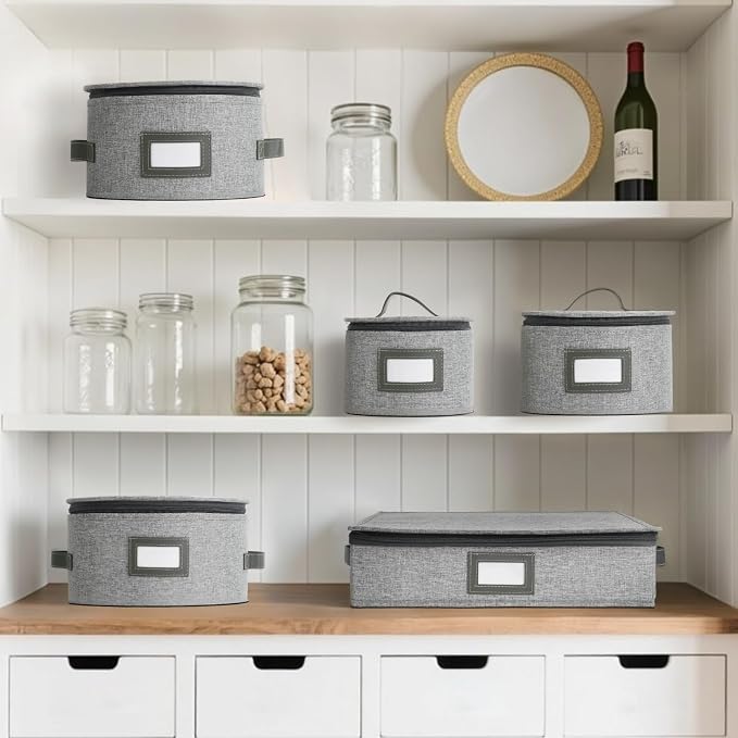 HOMELUX THEORY Coffee Mug Storage with Dividers, Light Gray Hard Shell China Storage Containers, Kitchen Storage Bins With Lids, Heavy Duty Moving Box for Packing Glassware, Stemware & Glassware
