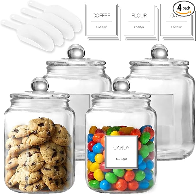FyndraX Half Gallon Large Glass Jars with Lids, Airtight Storage Clear Containers for Kitchen, Laundry Room and Pantry Food Organization, Set of 4