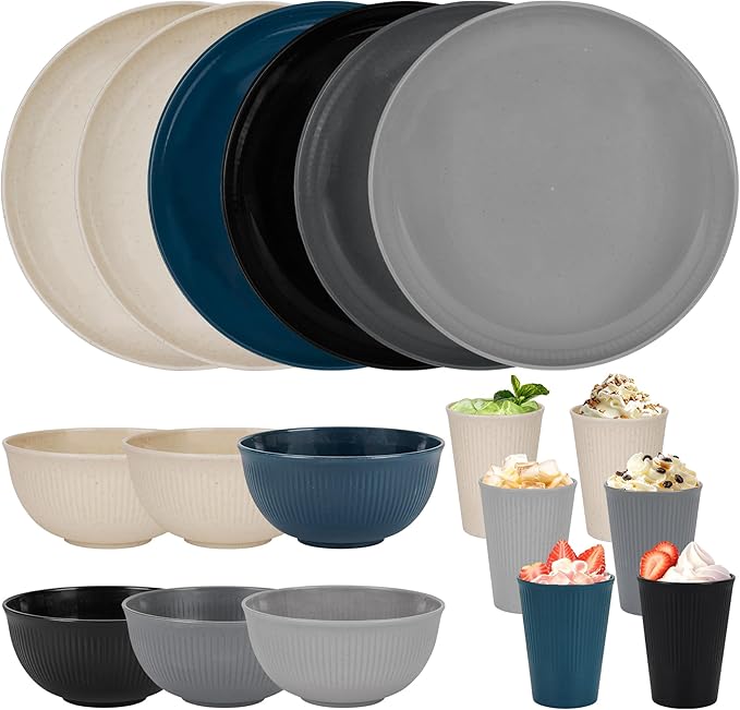 Wheat Straw Dinnerware Sets for 6 People 18pcs Camping Plates and Bowls Set | Unbreakable Dish Set Reusable Picnic Set, 23cm Plates sets, Cups sets, 15 cm bowls sets, Microwave and Dishwasher Safe