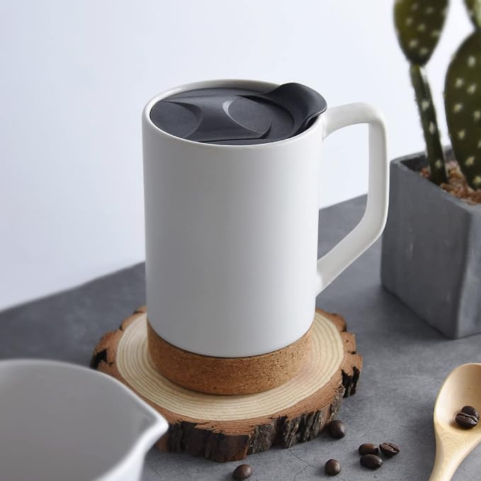 17 oz Ceramic Coffee Mug,12-Pack Matte White | With Lid, Removable Cork Base, Large Mugs