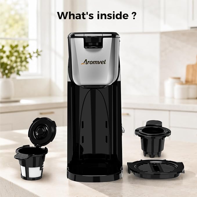 2-in-1 Single Serve Coffee Maker for K Cup Pods & Ground Coffee, 6 to 14 oz Brew Sizes, Compact Small Brewer with Dual Buttons, Adjustable Drip Tray for Travel Mugs, Silver