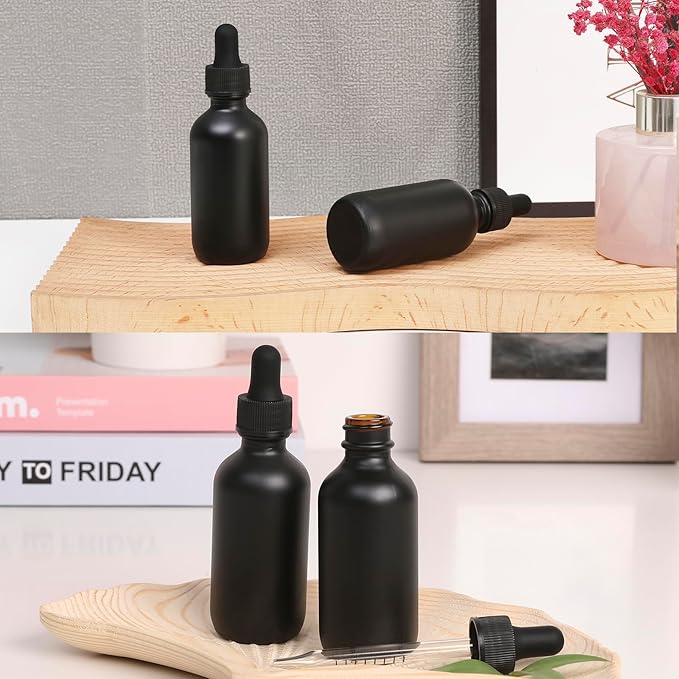 NOOEEISS 2oz Glass Dropper Bottle,Preety Texture Tincture Bottles with Precise Scales Eye Droppe,for All Kinds Of Mixed Liquids,Leak-Proof Design for Easy Travel (Black Frosted-24Pack)