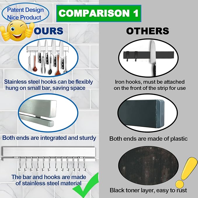 YIIYIIN Strong Magnetic Knife Holder for Wall, 17 Inch No-Drill Knife Strip with 12 Hooks & Adhesive, Holds Kitchen Utensils & Tools