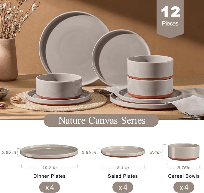 LIANYU Stoneware Dinnerware Sets Service for 4, 12 PCS Plates and Bowls Sets, Handmade Ceramic Dish Set, Highly Chip and Crack Resistant Modern Plate Set, Terra Brown