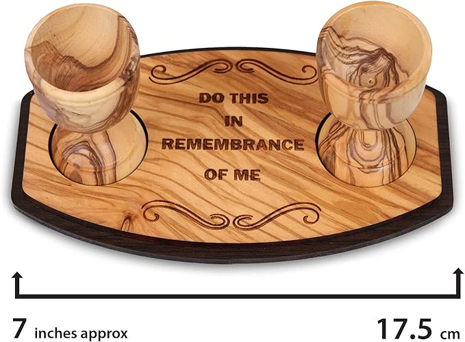 Genuine Olive Wood Communion Set from the Holy Land - 2 Hand-Carved Cups and Engraved Tray "Do This in Remembrance of Me" - Authentic Bethlehem Wood Gift for Pastors & Home Worship - Includes Gift Bag