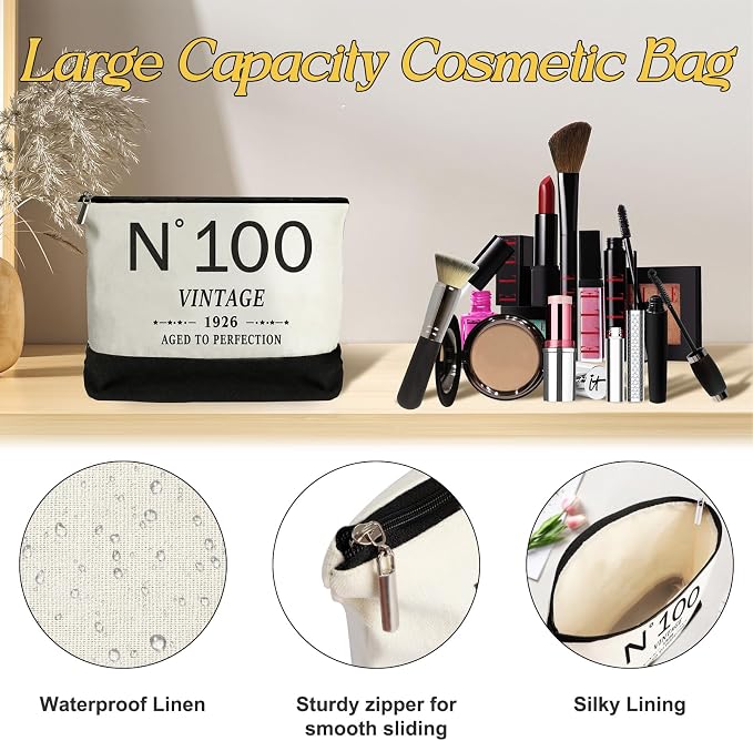 YeohJoy 100th Birthday Gifts for Women Canvas Tote Bag Travel Gear, Unique 100 Years Old Gifts for Wife Mom Sister Aunt Friends Her, Vintage N°100 Handbag & Cosmetic Bag & Back in 1926 Poster