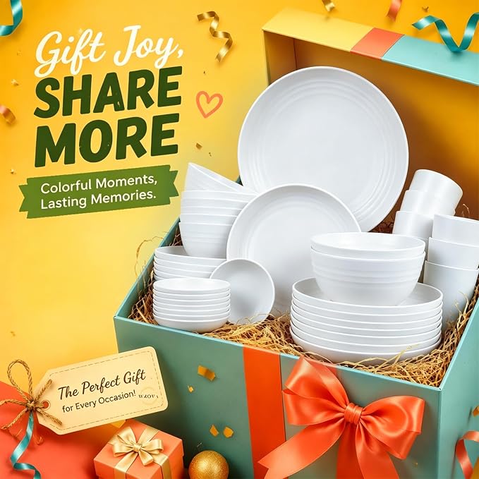 Wrova 40PCS Modern Plates and Bowls Sets Service for 8, Unbreakable Wheat Straw Dinnerware Sets Microwave Safe, Reusable Deep Dinner Plates/Cereal Bowls/Sauce Dishes/Cup Sets for Kitchen,Party- White