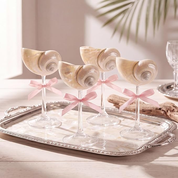 Conch Shell Wine Glasses Wedding Wine Cup Martini Goblet Cocktail Drinkware Drinking Stemware for Valentine Birthday Wedding Bridesmaids Anniversary Party(White Conch,Clear Base,4 Pcs)