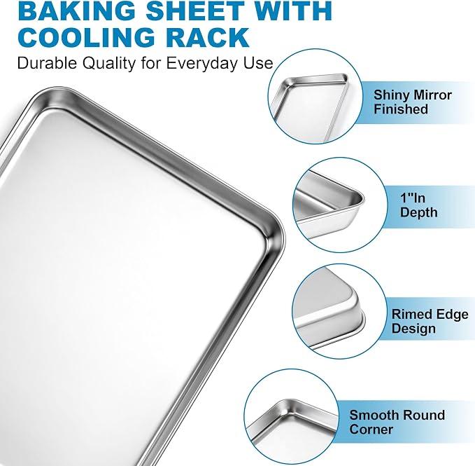 Herogo Stainless Steel Quarter Sheet Pan with Wire Rack Set(2 Pans + 2 Racks), 9 x 13 x 1 Inches Metal Baking Tray Set for Cooking & Roasting, Nontoxic & Easy Clean