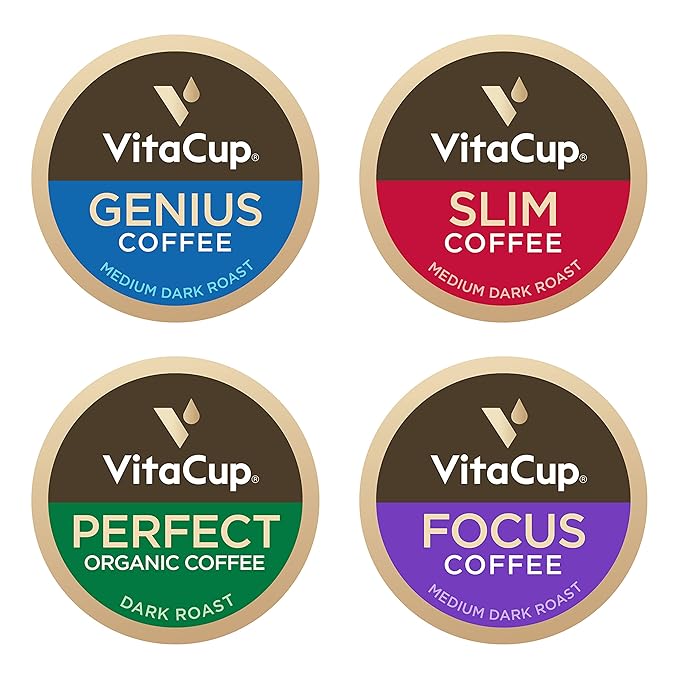 VitaCup Coffee Pods 40ct, 4 Unique Wellness Blends with MCT Oil, Garcinia Cambogia, Lion’s Mane, Chaga & Low-Acid Organic Dark Roast – Full-Bodied Arabica Coffee Pods for Energy, Focus, Immunity & Daily Vitamins