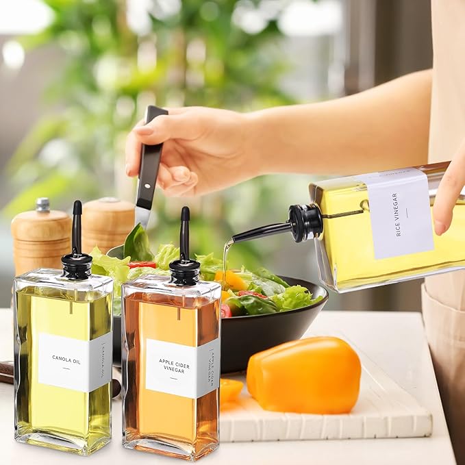 Reallnaive 6 Sets Olive Oil Dispenser Bottles for Kitchen with Nozzles Funnel Labels Cooking Oil Dispenser 500ml Set for Kitchen Vinegar Coffee Syrup (Black)
