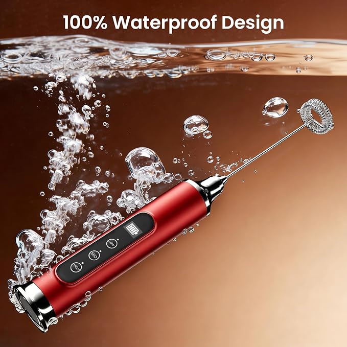 YUSWKO Milk Frother Wand for Coffee, Red Handheld Coffee Frother, Rechargeable Drink Mixer, Waterproof Electric Whisk