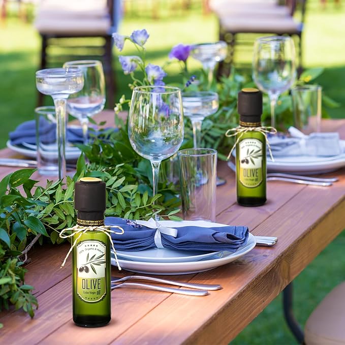 Reallnaive 20 Pcs 4 oz Mini Glass Olive Oil Bottles Empty Sauce Condiment Bottles with Dropper Inserts and Sticker Seals Caps for Gifts Kitchen (Circle,Dark Green)