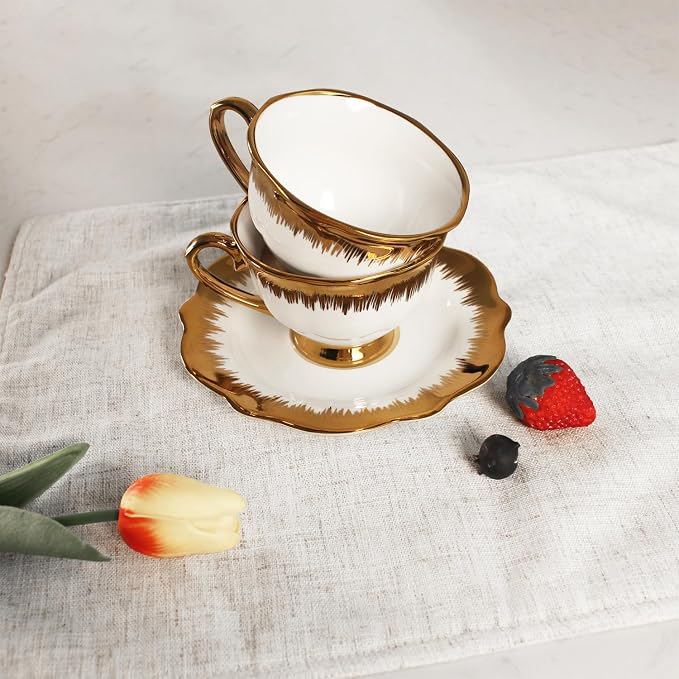 Coffee Mugs Set, 5.0 oz Ceramic Tea Cup with saucer, Espresso Cups 6-piece Rose Tea Cups and Saucers, Stackable Cups, for Latte, Cappuccino, Mocha, Cocoa (Golden)