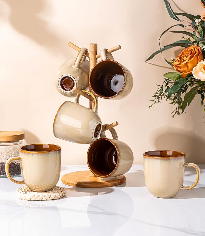 LERATIO Ceramic Coffee Mugs Set of 6,12oz Handmade Coffee Mugs Set with Large Handle for Cappuccino/Latte/Tea/Hot Cocoa, Dishwasher & Microwave Safe-Pale Kahki