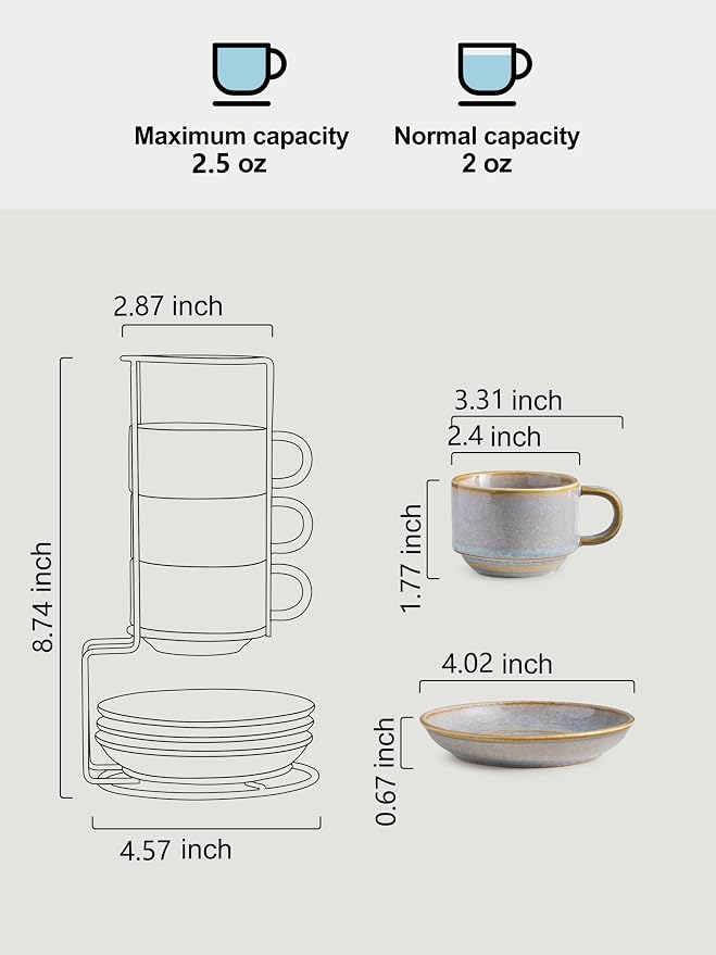 Gomakren 2.5 Ounce Espresso Cups Set of 4, Small Stackable Coffee Cups with Saucers and Metal Stand Father's Day Porcelain Demitasse Cups for Specialty Coffee Drinks, Espresso, Cappuccino, Latte, Gray