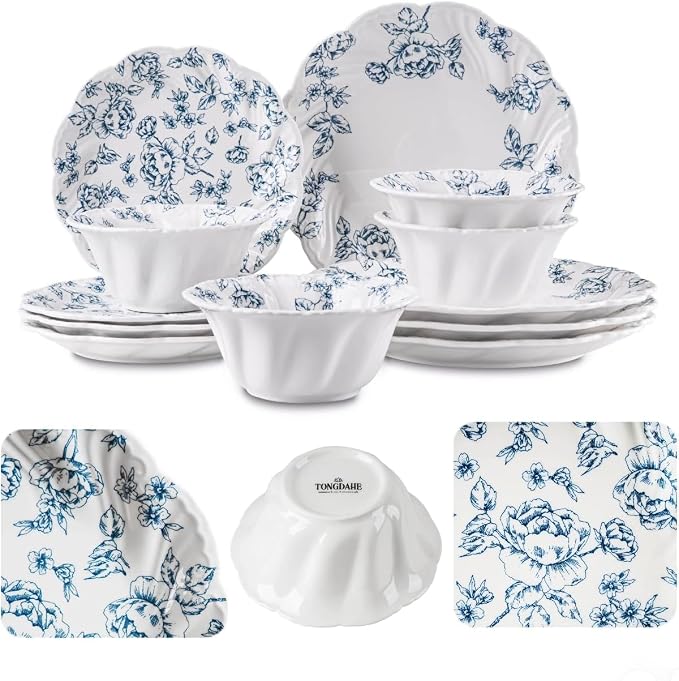Ceramic Dinnerware Set 12-Piece Scalloped Edge Dish Set for 4 Vintage Floral Elegant Kitchen Dinner Plates Bowls for Daily Use & Party Microwave & Dishwasher Safe