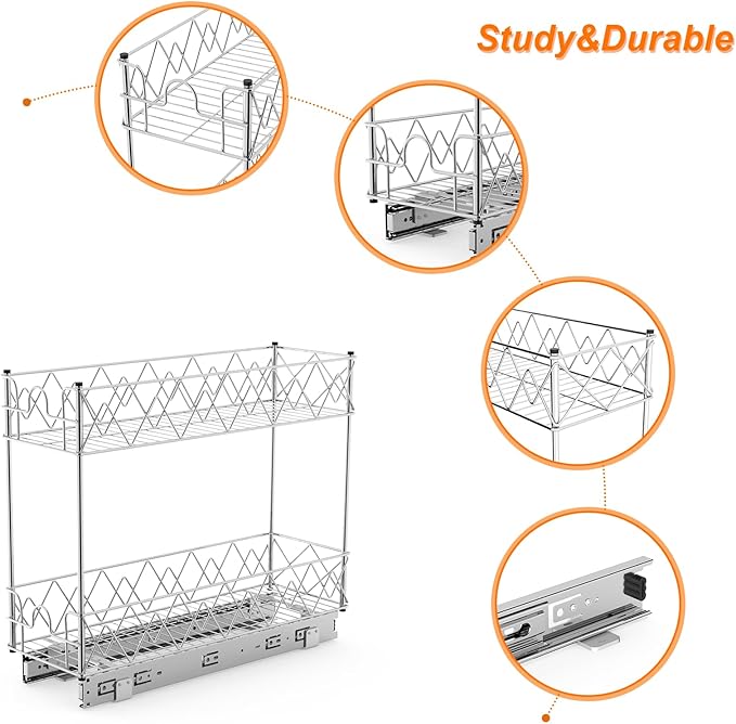 Narrow Pull Out Cabinet Organizer - 7" W x 21" D, 2-Tier Kitchen Cabinet Drawer Slide Out Shelves, Chrome