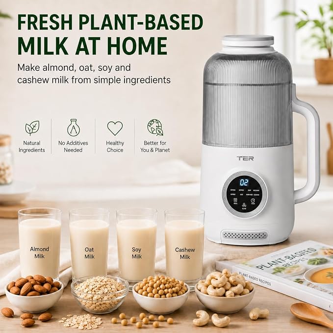TER 40oz Nut Milk Maker Machine, 10-in-1 Automatic Soy Milk Maker for Almond, Oat & Plant-Based Milk, Self-Cleaning Milk Maker with 12H Delay Start, Keep Warm, Boil Water, Soup & Juice Upgraded