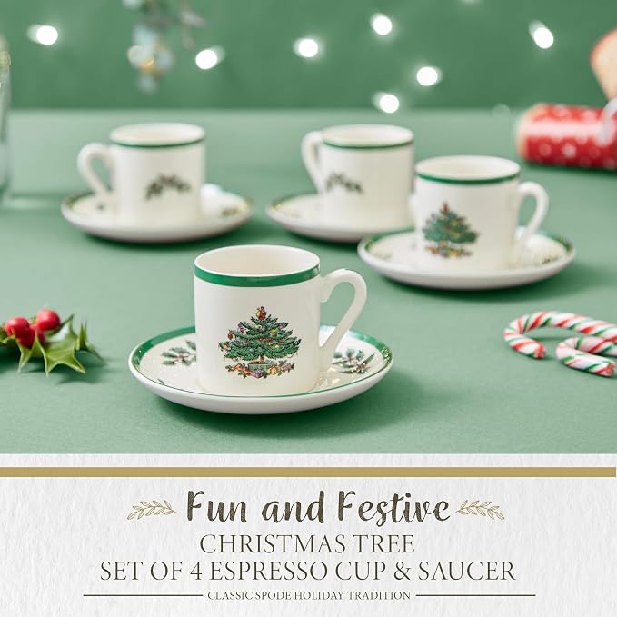 Spode – Christmas Tree – Espresso Cup and Saucer – 3 Oz, Set of 4