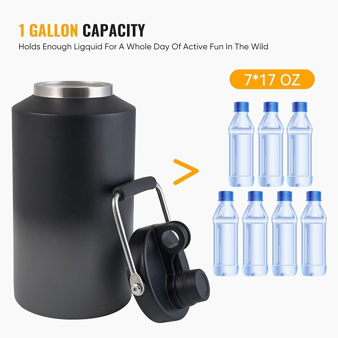 Insulated Gallon Jug with Handle, One Gallon, 128oz Stainless Steel, Large Double Vacuum Water Bottle for Cold Drinks, Wide Mouth, Sweat Proof, Carrier bag, Great for Travel, Camping, Grey Gradient