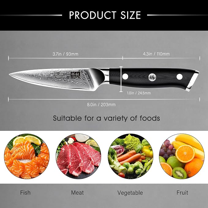 SHAN ZU Damascus Knife Peeling Knives Japanese Fruit and Vegetable Knives 67 Layer Steel Kitchen Knife with G10 Handle