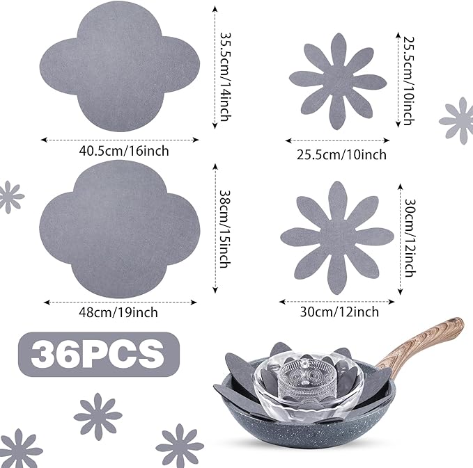 Queekay 36 Pcs Felt Pot Pan Protectors Dish Dividers Separators Bakeware Cookware Scratch Protectors Different Sizes, Thicker Pan Pads for Stacking Cookware Organizing Protecting (Gray)
