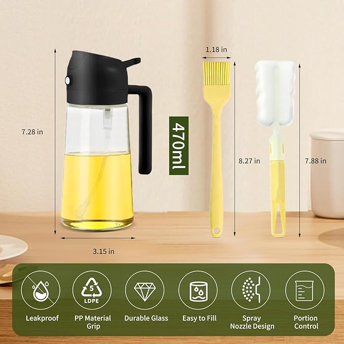 PLAPITATE Oil Dispenser for Kitchen, 2 in 1 Olive Oil Sprayer, Olive Oil Dispenser Spray Bottle with Brush, Oil Sprayer for Cooking for Air Fryer, Barbecue, Salad 16oz/470ml (Black)