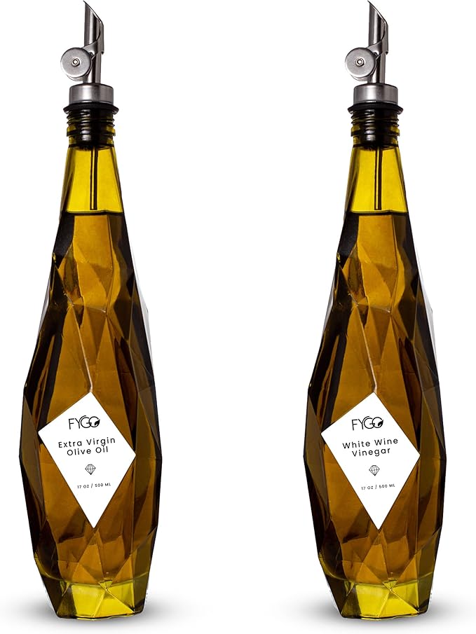 FYGO Diamond Lux Olive Oil Bottle Dispenser - Olive Oil Container- Oil and Vinegar Dispenser Set with Pourer and Funnel - Glass Dispenser Bottle for Kitchen - 500ml - Set of 2