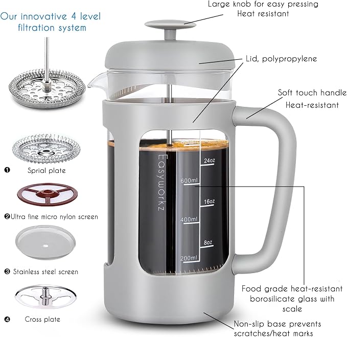 Easyworkz French Press 34 oz Coffee Tea Maker Bundled with Stainless Steel Double-Wall Espresso Cups