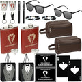 Set 2 Groomsmen Proposal Gifts - Groomsmen Gift Box with Leather Bag，Tuxedo Flask, Funnel，Shot Glasse，Poker Card Bottle Openers, Sunglasses, Pen，Bracelet, Card & Gift Bags for Wedding Party （Brown）