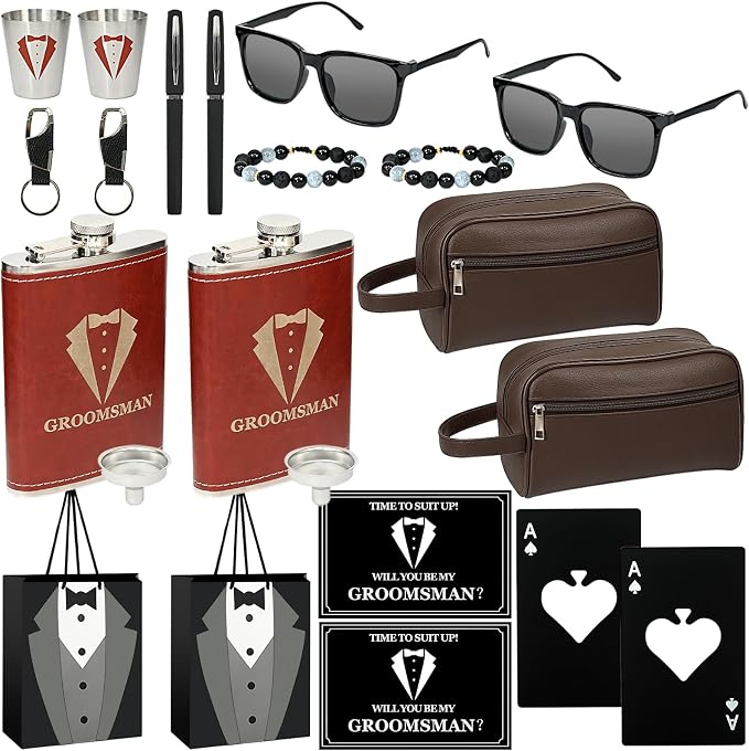 Set 2 Groomsmen Proposal Gifts - Groomsmen Gift Box with Leather Bag，Tuxedo Flask, Funnel，Shot Glasse，Poker Card Bottle Openers, Sunglasses, Pen，Bracelet, Card & Gift Bags for Wedding Party （Brown）