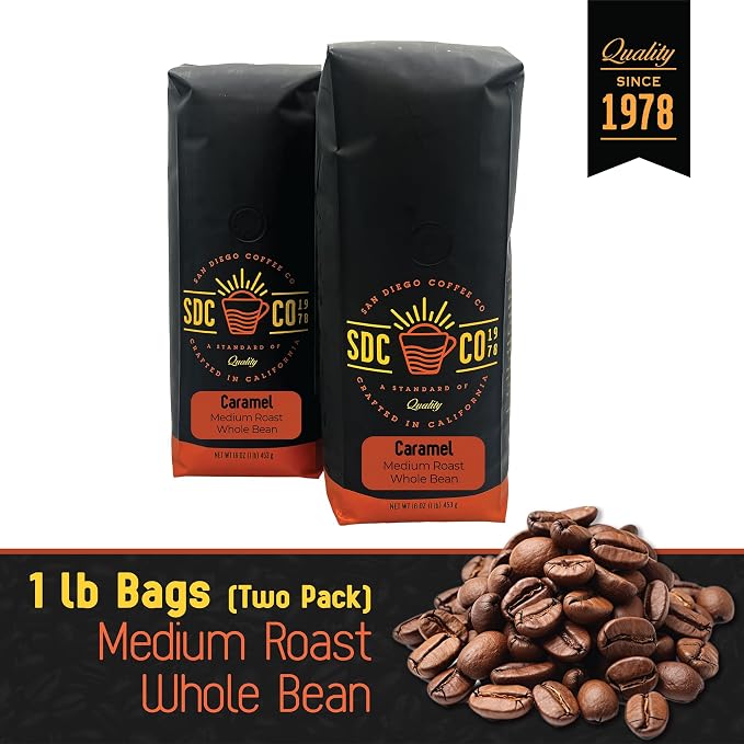 San Diego Coffee Caramel, Medium Roast, Whole Bean Coffee, 16-Ounce Bags (Pack of 2) Café en grano tostado