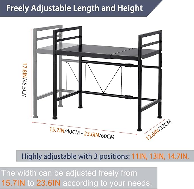 PUSDON Expandable Microwave Oven Rack, 2-Tier Countertop Baker's Rack Style Shelf, Heavy Duty Carbon Steel Stand with 3 Hooks, 160lbs Weight Capacity for Kitchen Organization, Matte Black