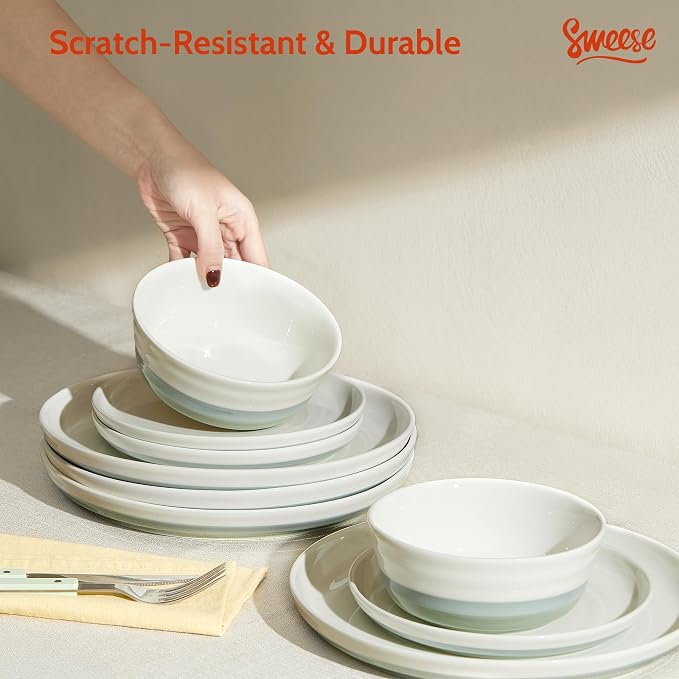 Sweese Plates and Bowls Sets,18 Pieces Modern Porcelain Dinnerware Set for 6 Handcrafted Uniqe Dinner Set Ceramic Dishware Dishes Microwave and Dishwasher Safe, Blue & Green