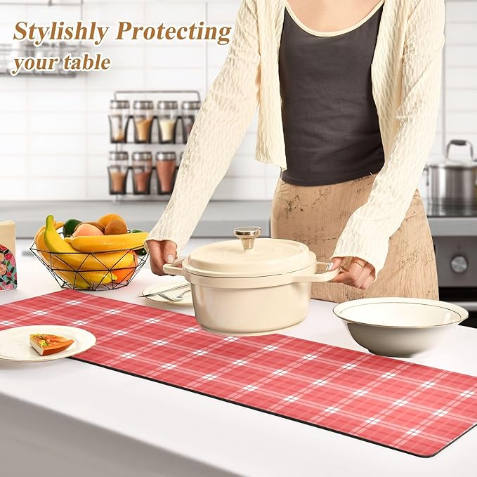 2 in 1 Table Runner Trivet for Hot Pots and Pans Heat Resistant Non Slip Waterproof 39 x 12 Inch Decorative Table Protector for Kitchen Countertop Checkered Red