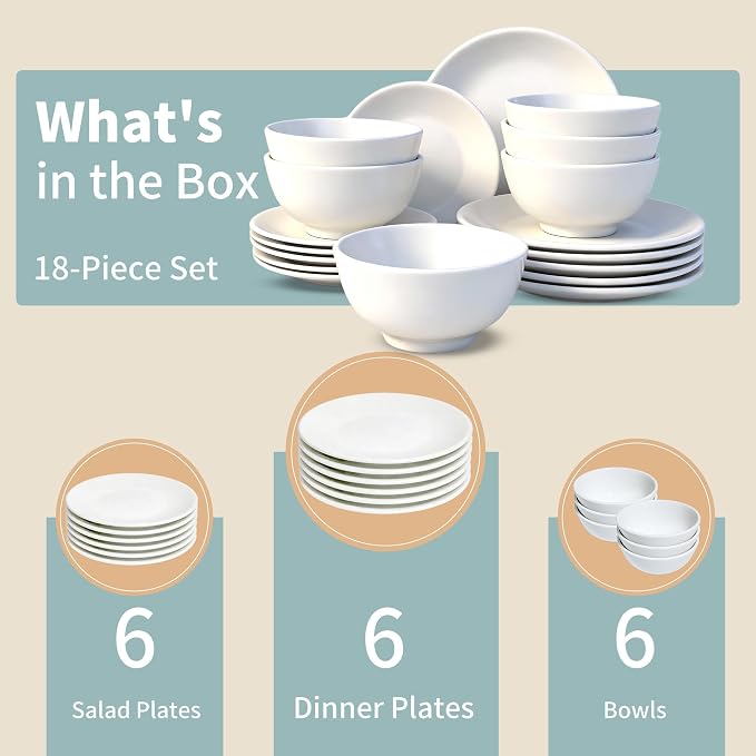 Lumina Porcelain| 18-Piece Fine Porcelain Dinnerware Set, Service for 6 - Professional White Plates & Bowls, Microwave/Oven Safe, Heavy Duty Kitchen Essentials