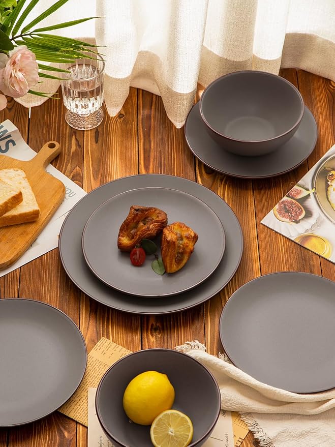Famiware Venus Plates and Bowls Sets with Trim, 18 Pieces Speckled Stoneware Dinnerware Set for 6, Matte Dark Gray - Modern Minimalist, Microwave & Dishwasher Safe Dishes for Everyday & Formal Dining