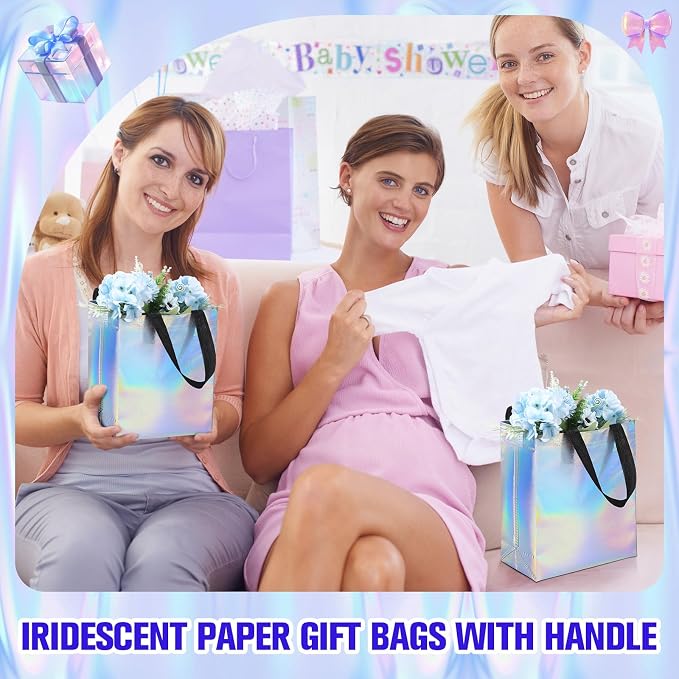 Eccliy Reusable Gift Bags Set Glossy Grocery Gift Tote Bag with Handle for Wedding, Bridal Shower, 4th of July, Summer Event(10 x 8 x 4.7 Inch,Rainbow,80 Pcs)