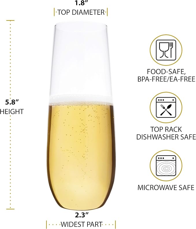 Bravario Plastic Champagne Flutes, Heavy Duty Unbreakable Stemless Tritan Glasses, BPA-free, Reusable, 8.5 oz, Set of 8
