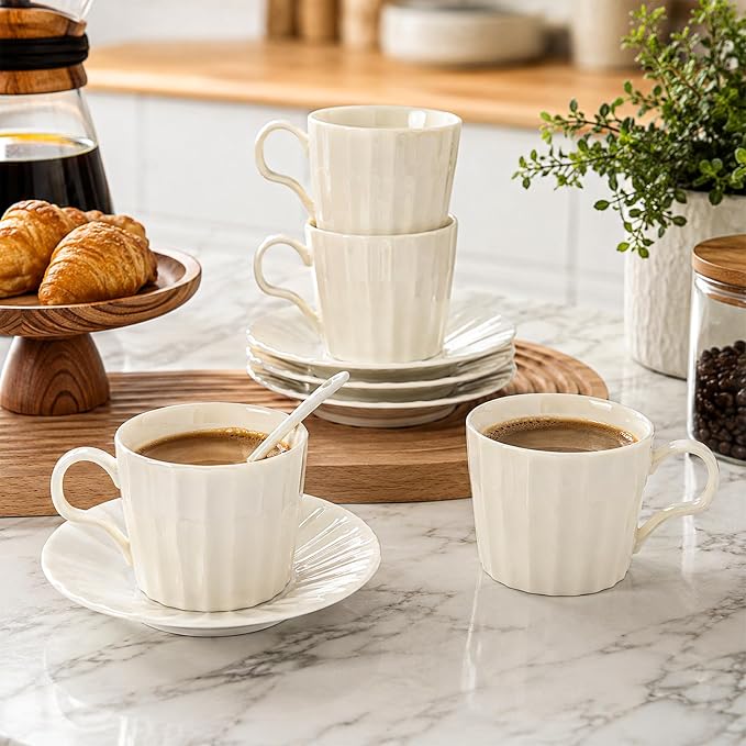 7.5oz Ceramic Cappuccino Cup with Saucer and Spoon Set of 4 | Porcelain Coffee Cups Set for Latte, Tea, Espresso,Cappuccino,Dishwasher and Microwave Safe,Pearl White