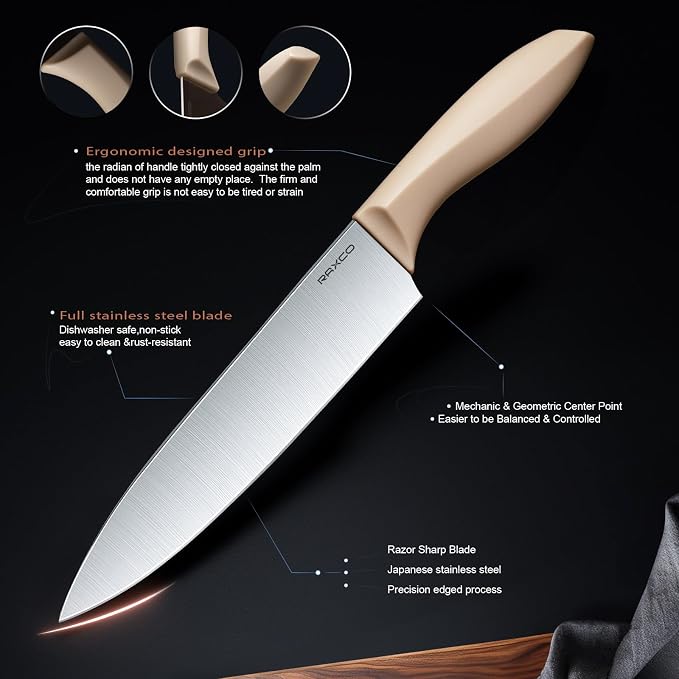 RAXCO Cooking Utensils Set,18-Piece Kitchen Utensils and Knife Set,Khiki | Food-grade Silicone Utensils Heat-resistant to 410°F,5-Piece Stainless Steel Kitchen Knife with Sharpener and Cutting Board