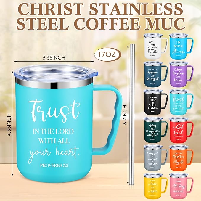 Sieral 12 Pcs Christian Gifts Coffee Mugs with Straw Lid 17 oz Religious Cups with Bible Stainless Steel Tumbler Inspirational Gifts for Women Men Pastor's Church Group(Multiple Colors,Bible Verse)