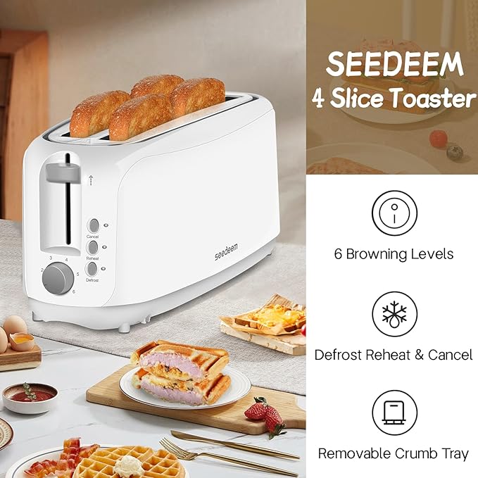 SEEDEEM 4 Slice Toaster, Extra Wide Slots Bread Toaster with 6 Shade Settings, Bagel/Cancel/Defrost/Reheat Functions, Removable Crumb Tray, Auto Shut-Off, White