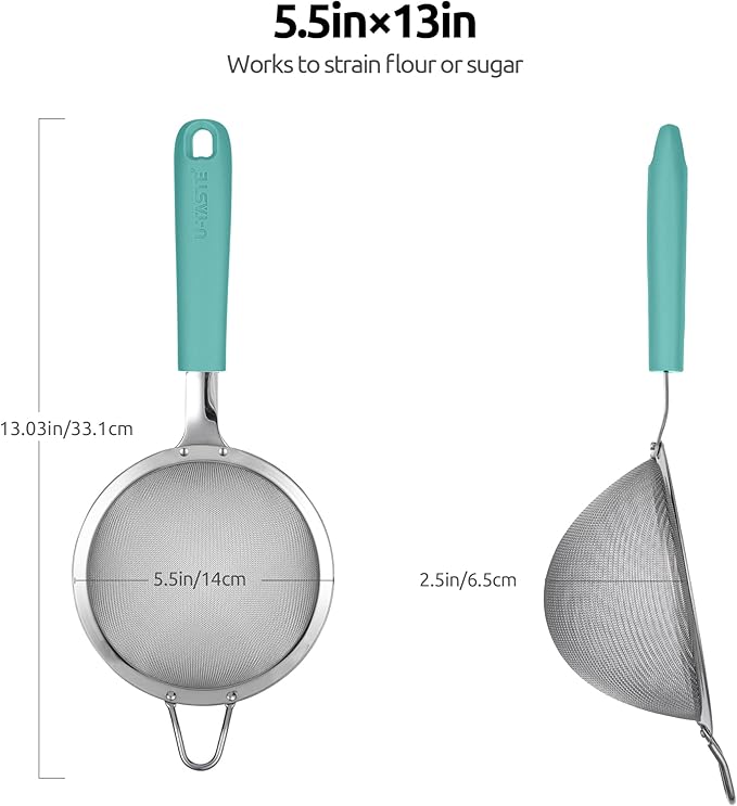 U-Taste 12 Piece Measuring Cups and Spoons Set in 18/8 Stainless Steel (Multicolors), and 18/8 Stainless Steel 5.5 inch 30 Mesh Strainer (Aqua Sky)